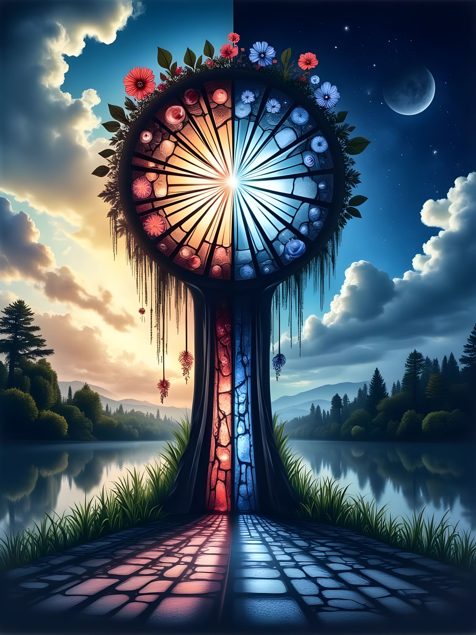 Day and Night Landscape in Stained Glass Style