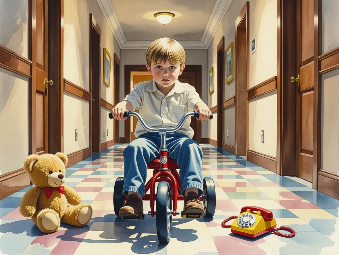 Watercolor Portrait: Boy on Tricycle in The Shining