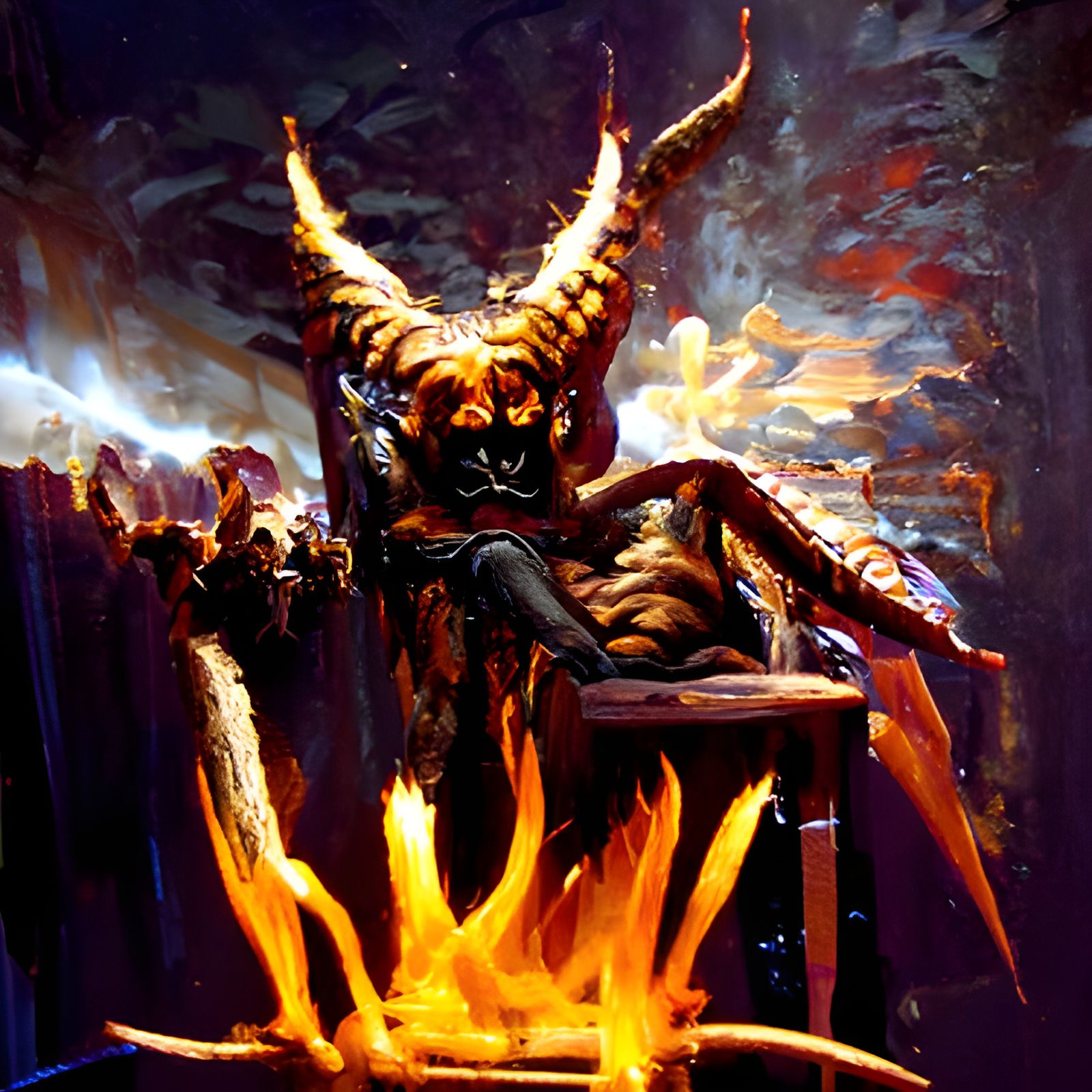 Satan sits on his throne in Hell watching billions of people being tortured by his demons, and people being thrown into ...