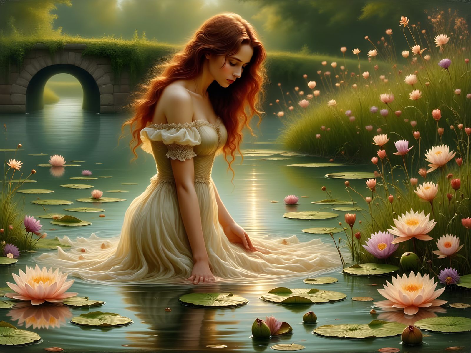 <lora:Flux Romantic Paint:1.0> Ok I am thinking pre-rafealite, we have a Titian haired beauty in the for ground head awa...