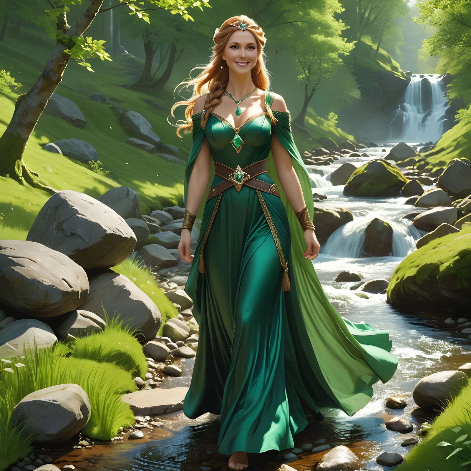 Norse Goddess Walks Along Stone Path Beside Gushing Stream