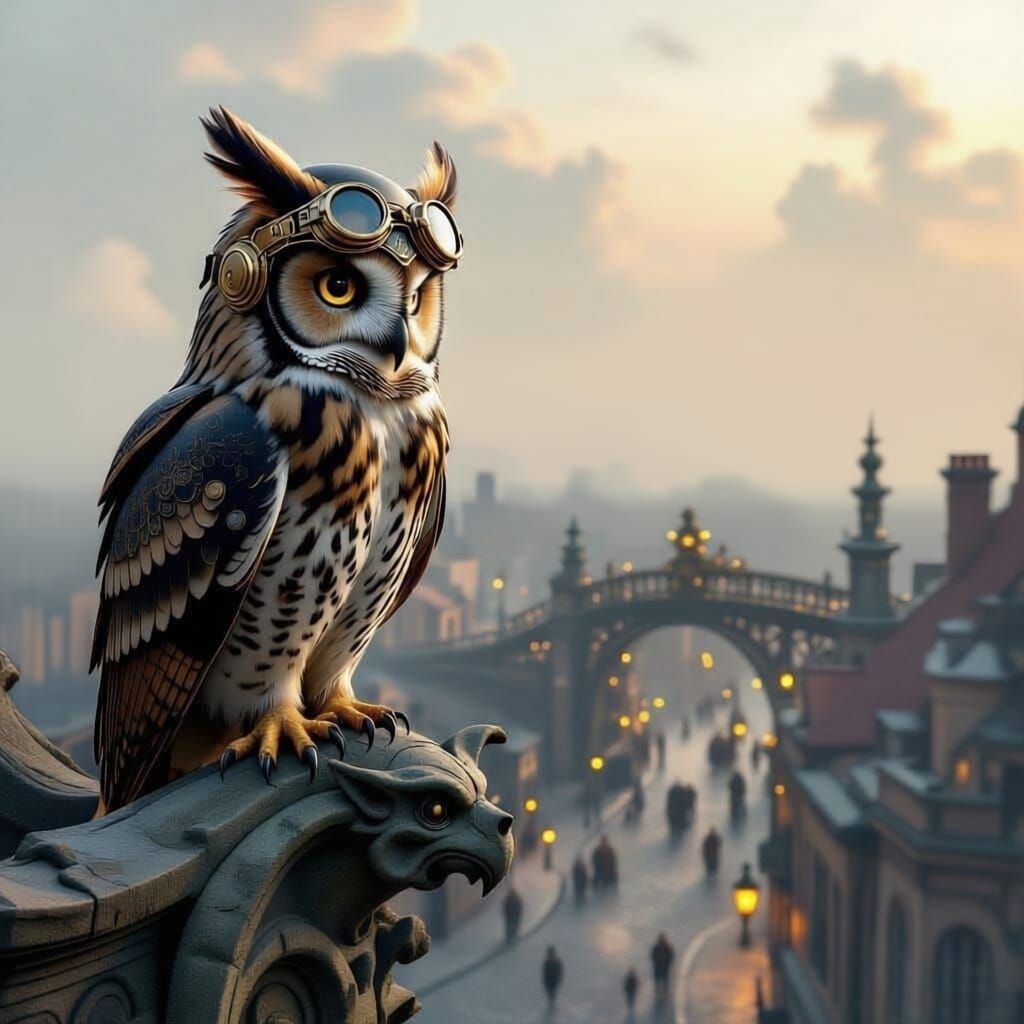 Steampunk Owl in Brass Helmet Over Victorian City