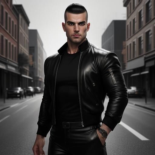 Hyperrealistic Image of a Muscle Man in Leather