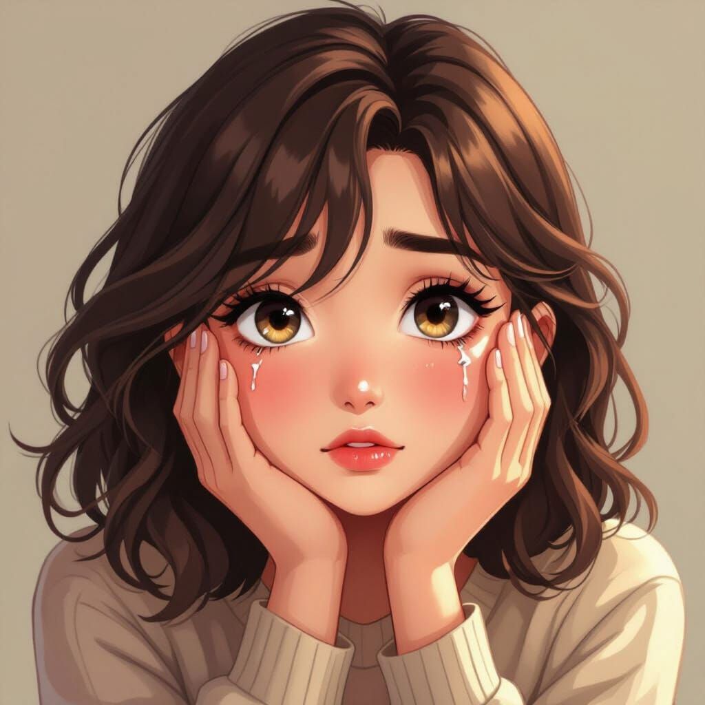 Woman with Tearful Eyes: Cartoon-Style Digital Art