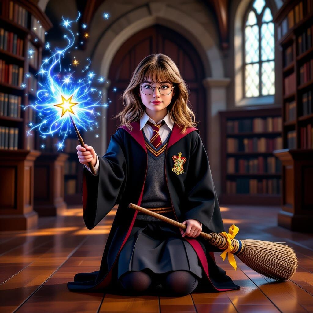 Young Witch Casting Magic Inside Hogwarts