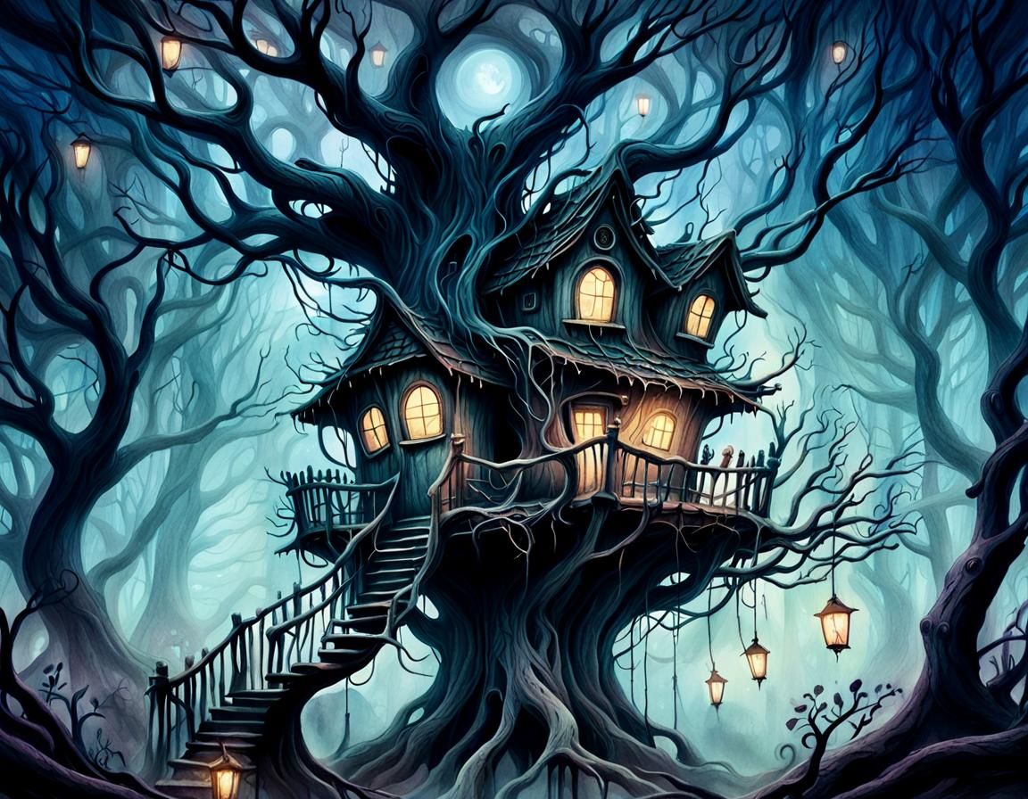 Eerie Forest Treehouse in Muted Watercolor Illustration