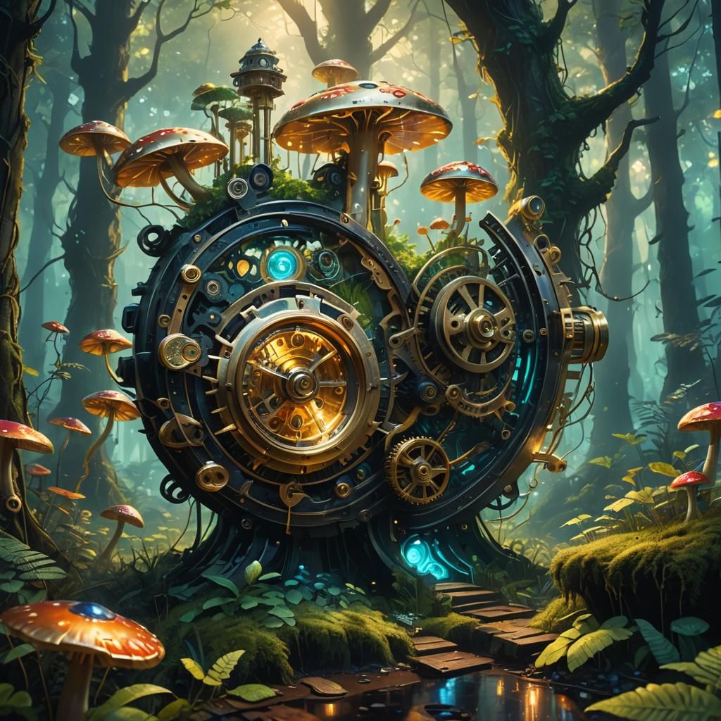 Mystical Clockwork Mechanism in Dreamlike Forest