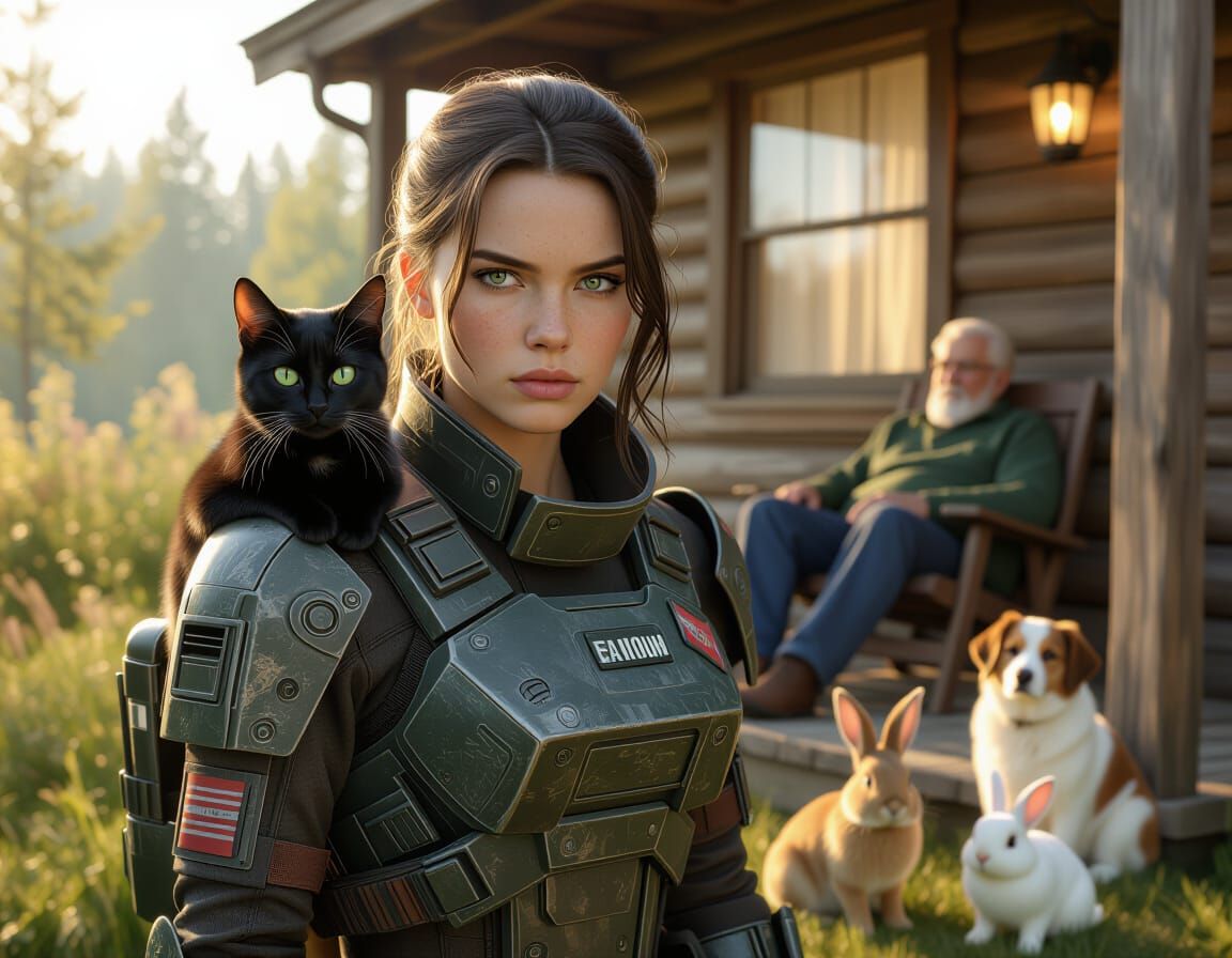 Post-Apocalyptic Woman with Black Cat and Cabin
