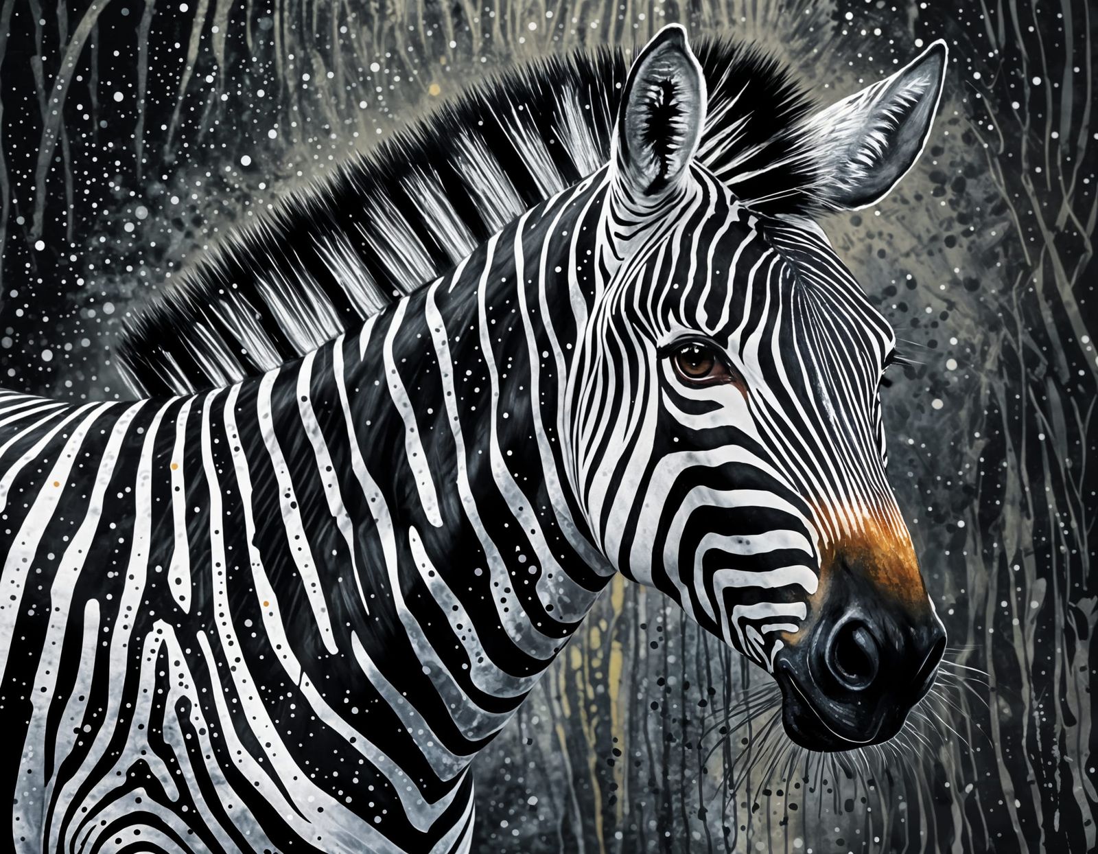 Zebra Painting with Silver Highlights in Grunge Style