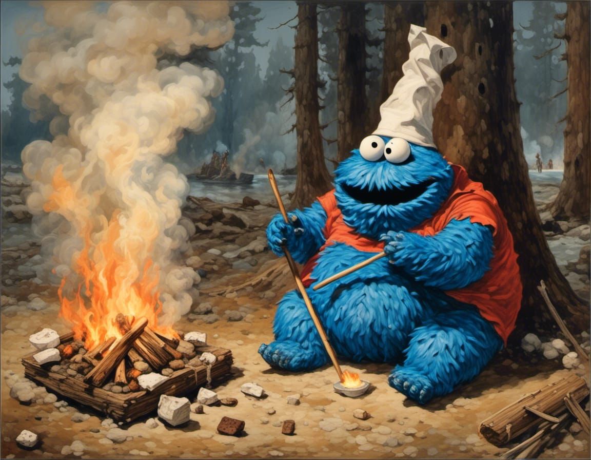 Cookie Monster Roasting Marshmallows at a Campfire