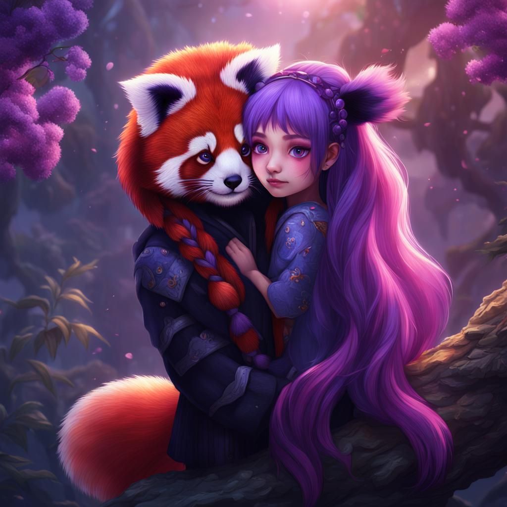 Purple Haired Girl with Red Panda, Fantasy Art