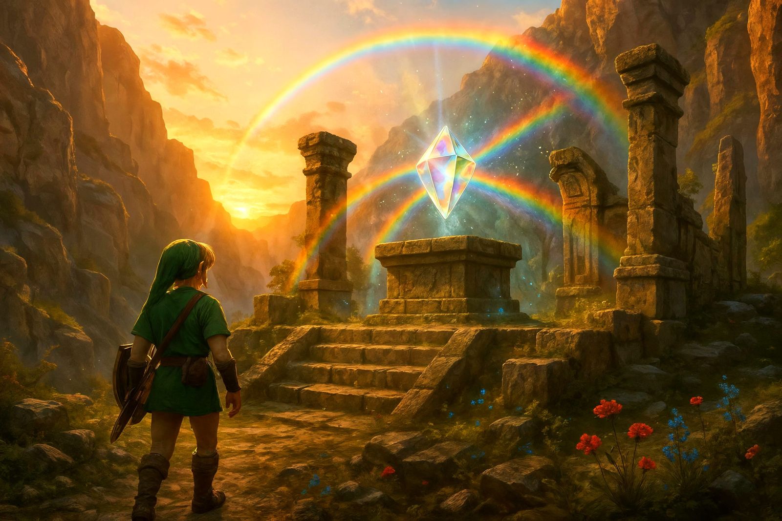Link and Shrine Prism at Sunrise in Hyrule