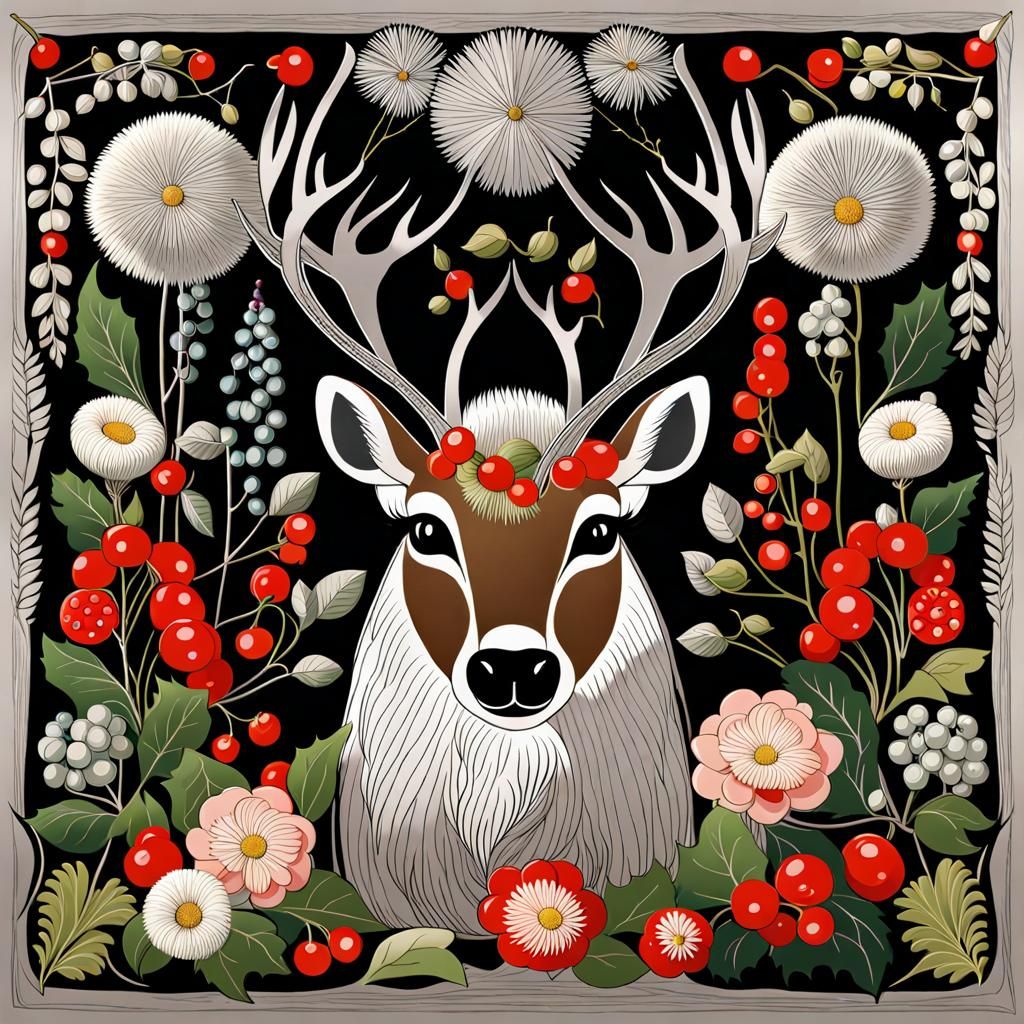 Reindeer Among Silver Birch in Abstract Fractal Style