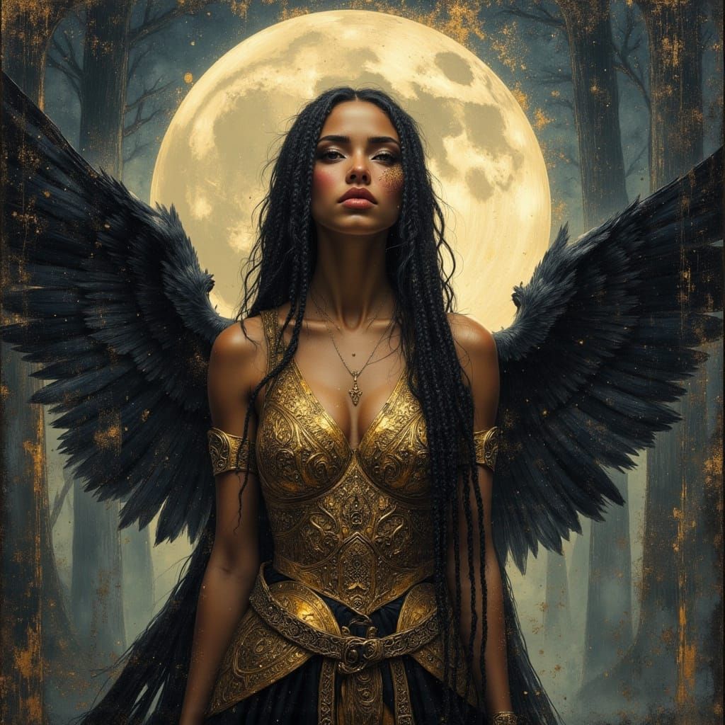 Black Winged Warrior Goddess in Hyperrealistic Style