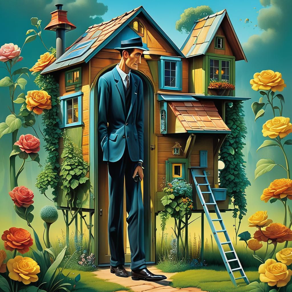 Tall Man Ducking into Tiny House: French Illustration