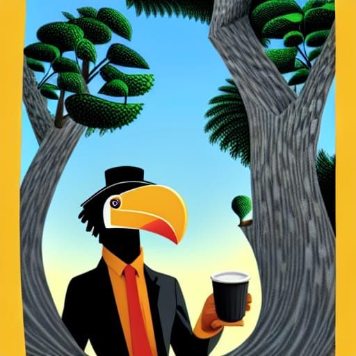 Humanoid Toucan Enjoys Coffee at Sunset
