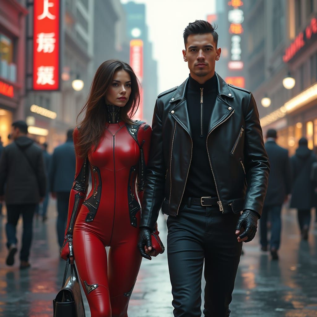 Couple Embracing Futuristic Intimacy in Neon City