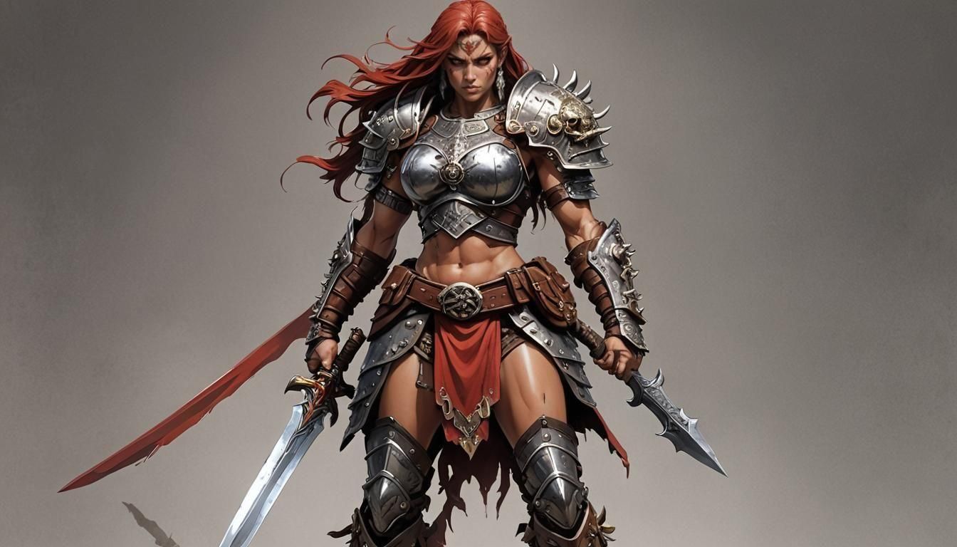 Anime Barbarian Woman with Sword in Heroic Pose