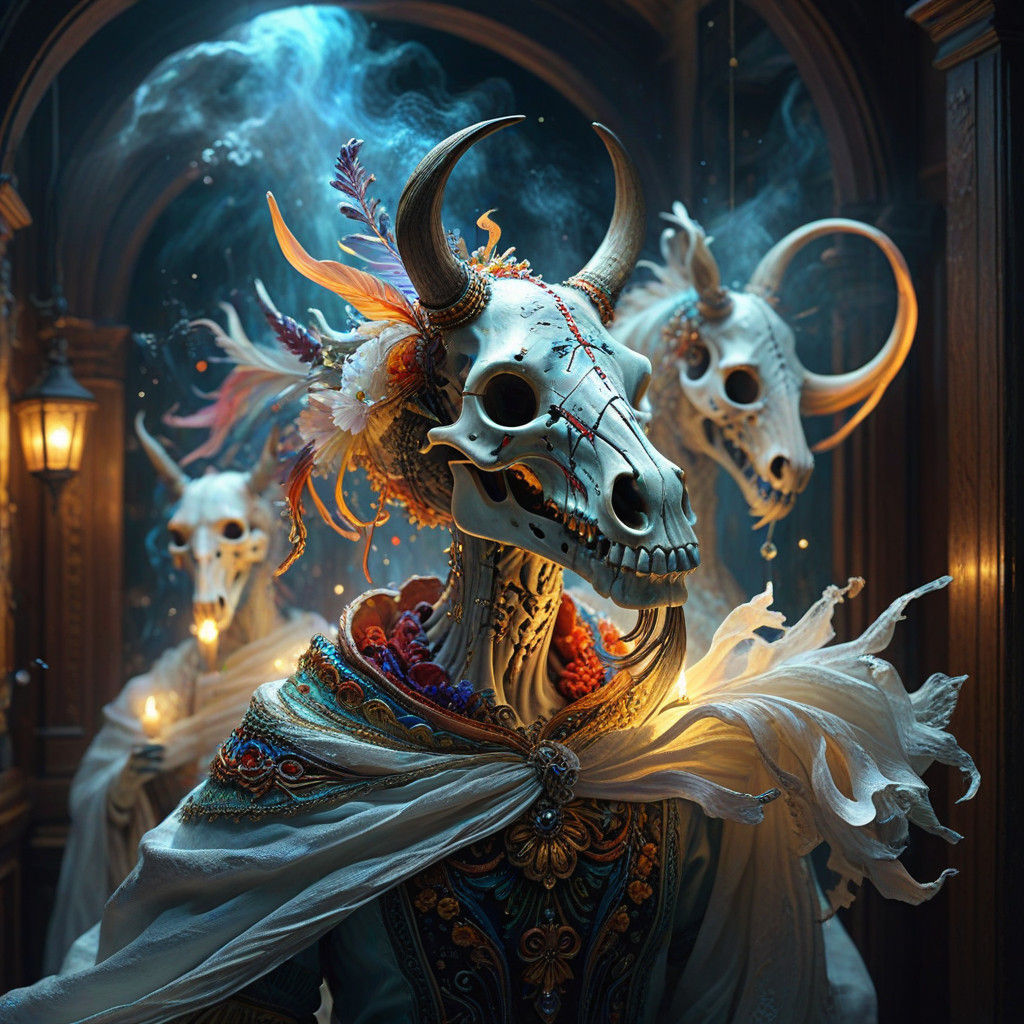 Vibrant Mari Lwyd Celebration in Fantasy Folk Art