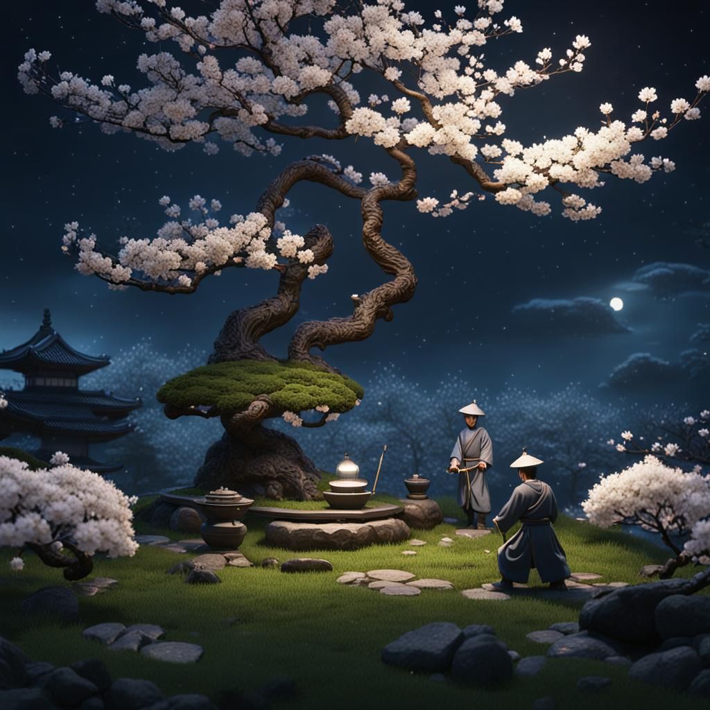 Japanese Men Mowing Grass Beside Cherry Blossom