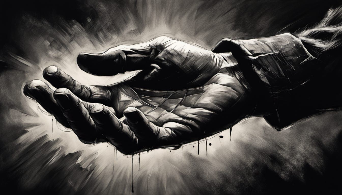 Charcoal Drawing of Hand Hovering Over Ominous Button
