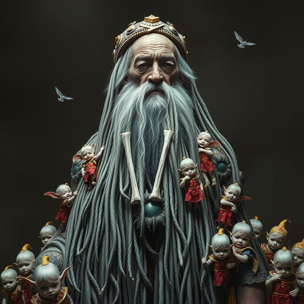 Surreal Giant in Shadowy Realm, Surrounded by Mischievous Ch...