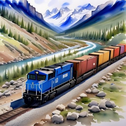 Freight Train in the Rocky Mountains, Watercolor Style