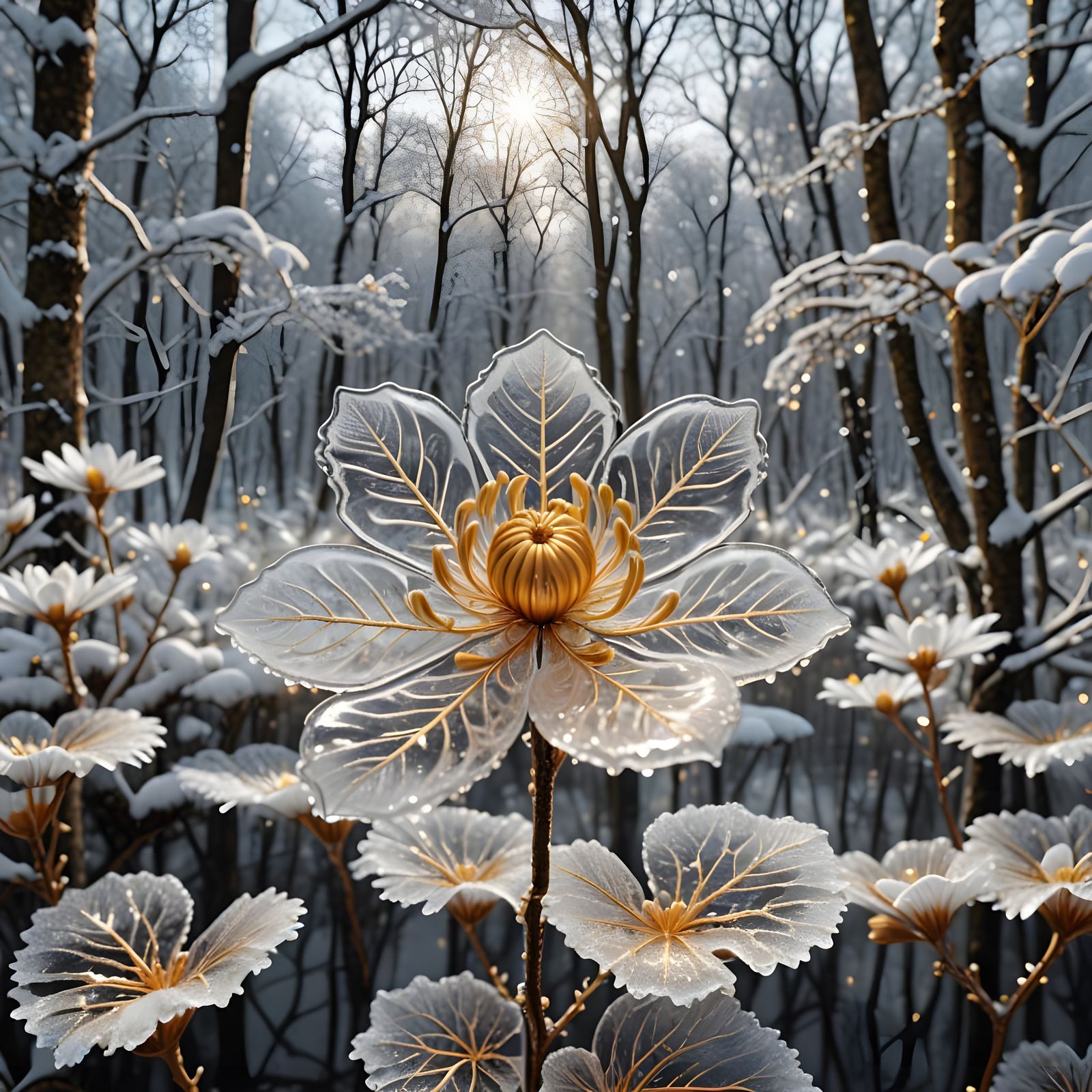 Transparent Ice Flower with Lace and Gold Leaf