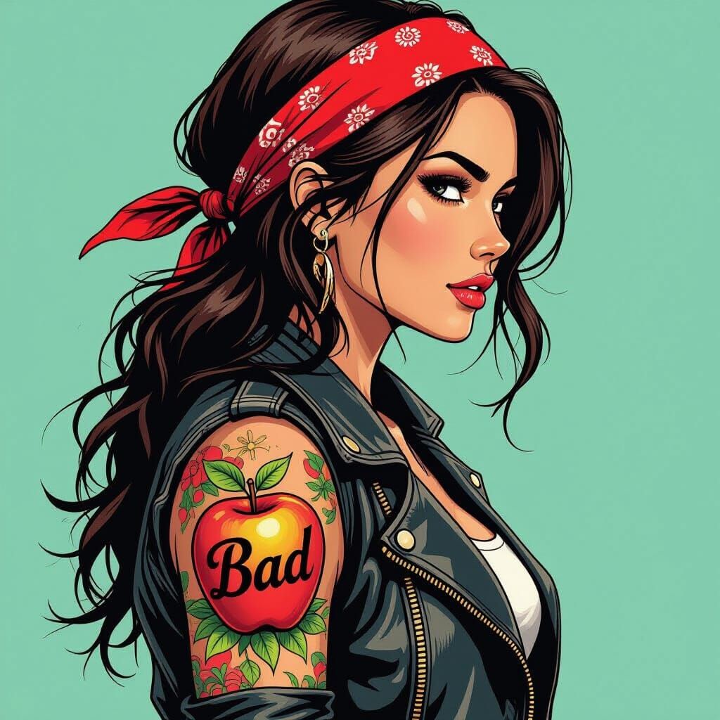 Brunette in Bandana with Apple Tattoo: Comic Art