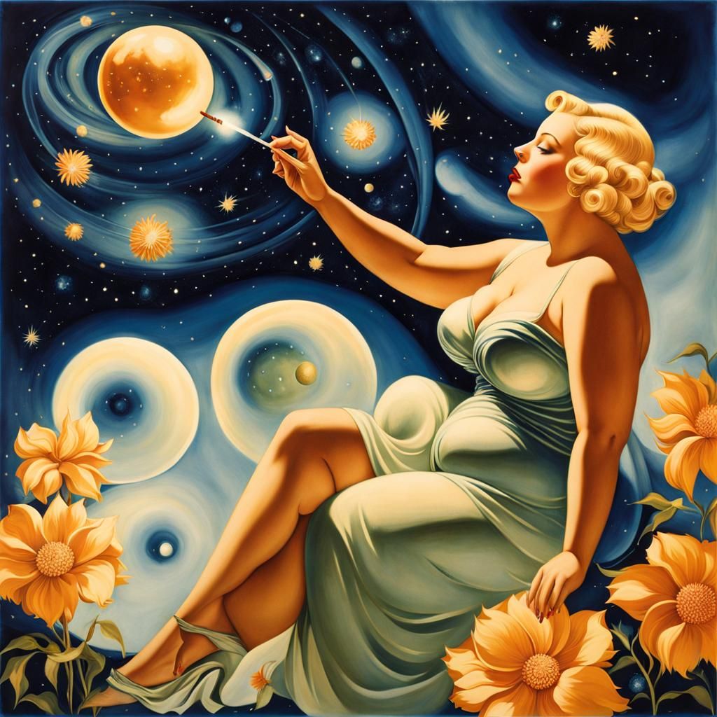 Psychedelic Art Deco Woman Gazing at Constellations