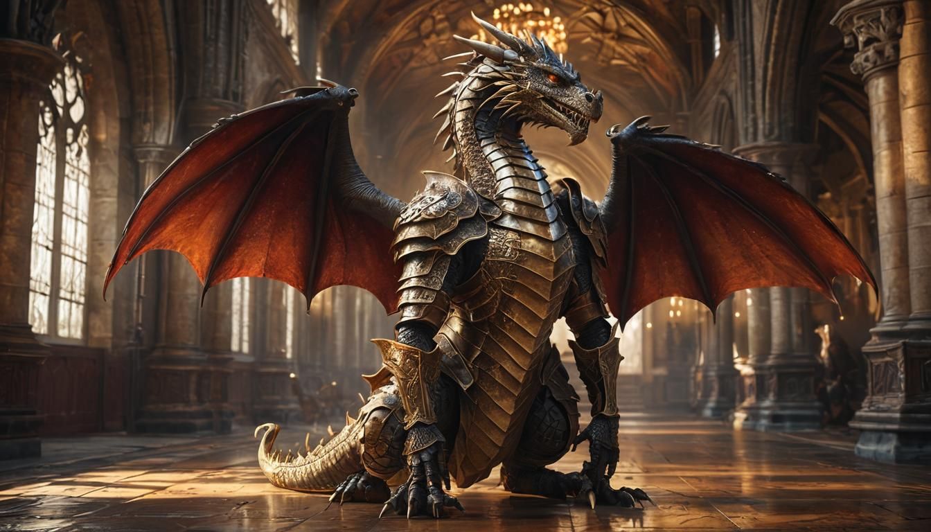 Dragon Knight in Grand Hall: Photorealistic Fantasy