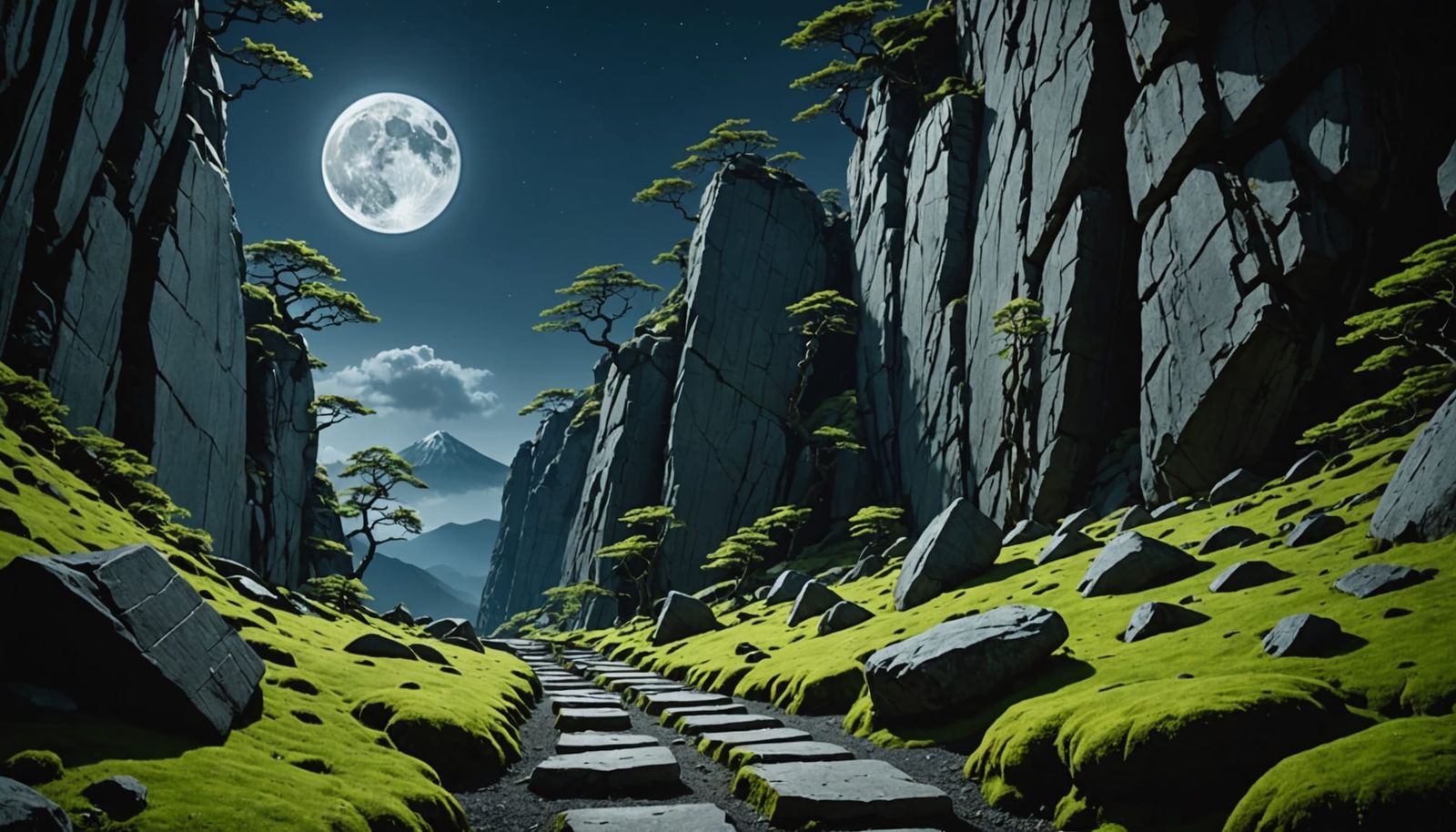Surreal Japanese Myth: Stone Path Under a Glowing Moon