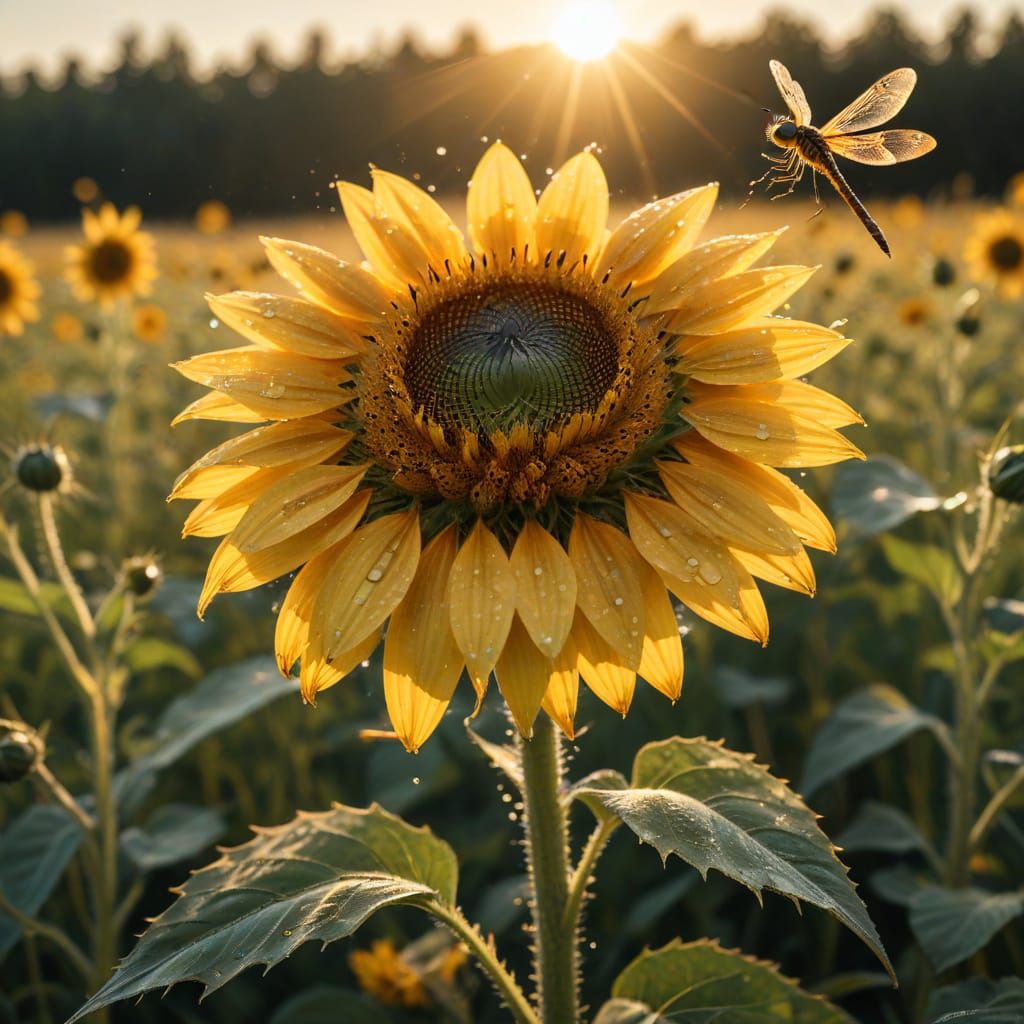 Dewy Sunflower in Meadow with Dragonflies, Painterly Realism