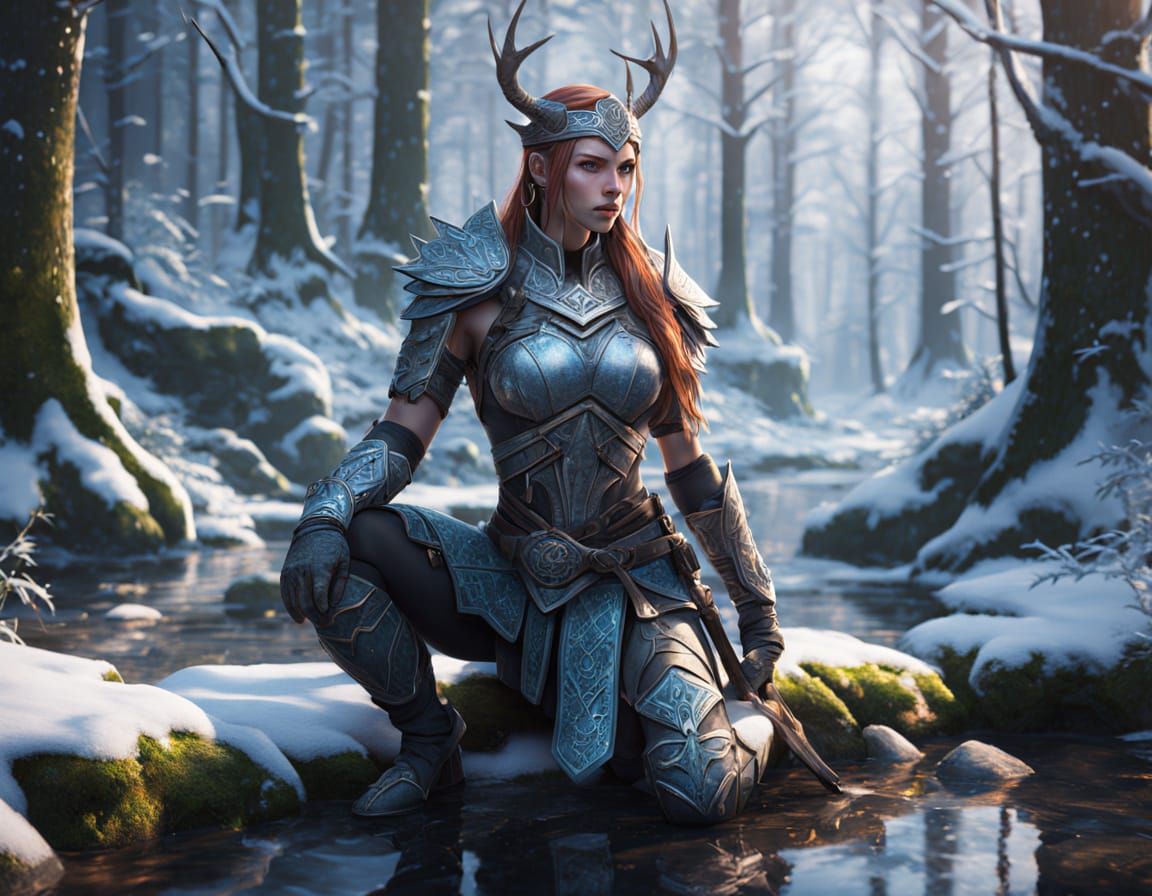 Nordic Warrior Woman in Snowy Forest, Watercolor Art