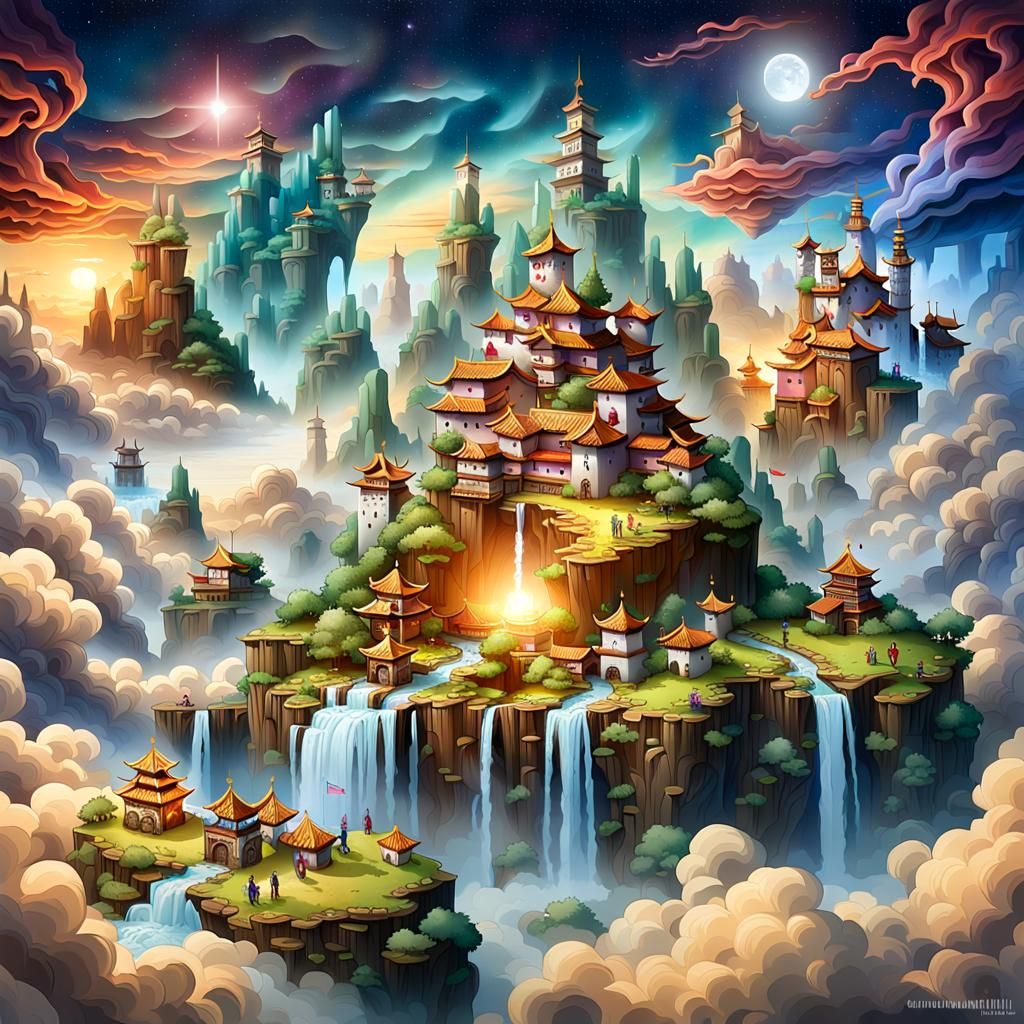 Floating Castle on Magic Mountain in Surreal Style