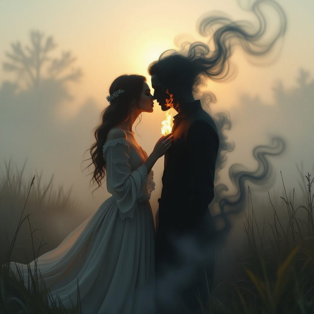 Ethereal Kiss: Flame and Shadow in Surreal Embrace