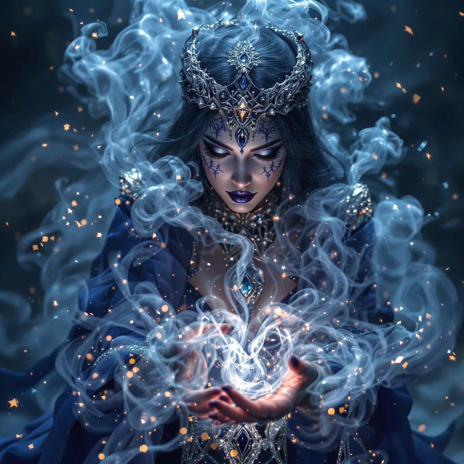 Surreal sapphire sorceress summoning swirling silver smoke Z...