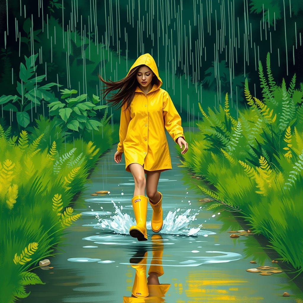 Woman in Yellow Raincoat Splashing Through Puddles