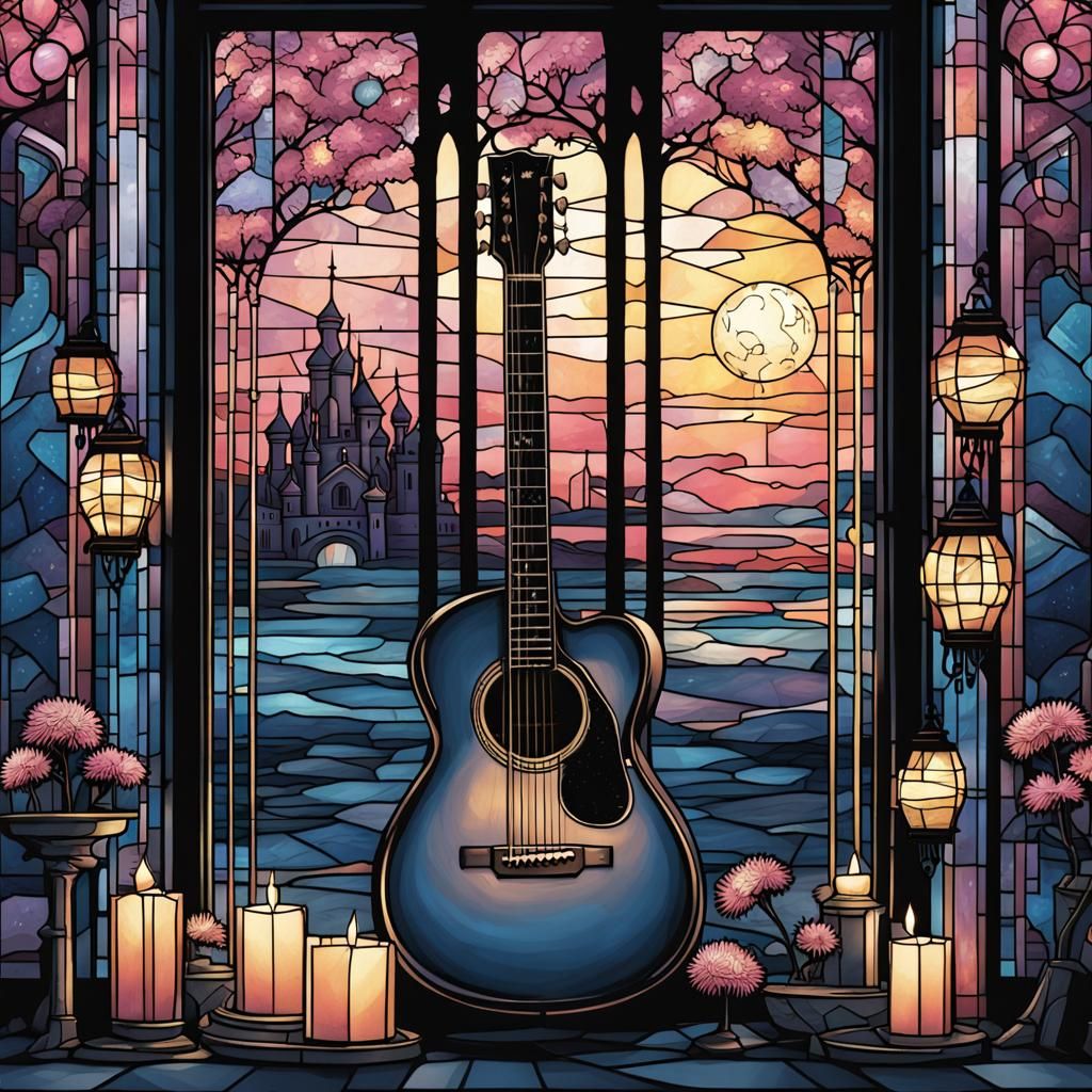 Stained Glass Guitar and Dandelion Design