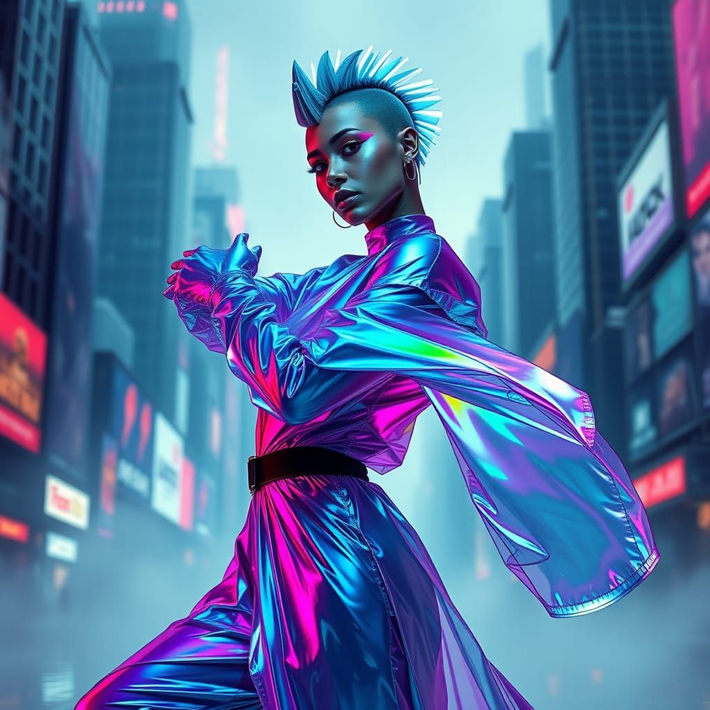 Futuristic Dancer in Cyberpunk Cityscape