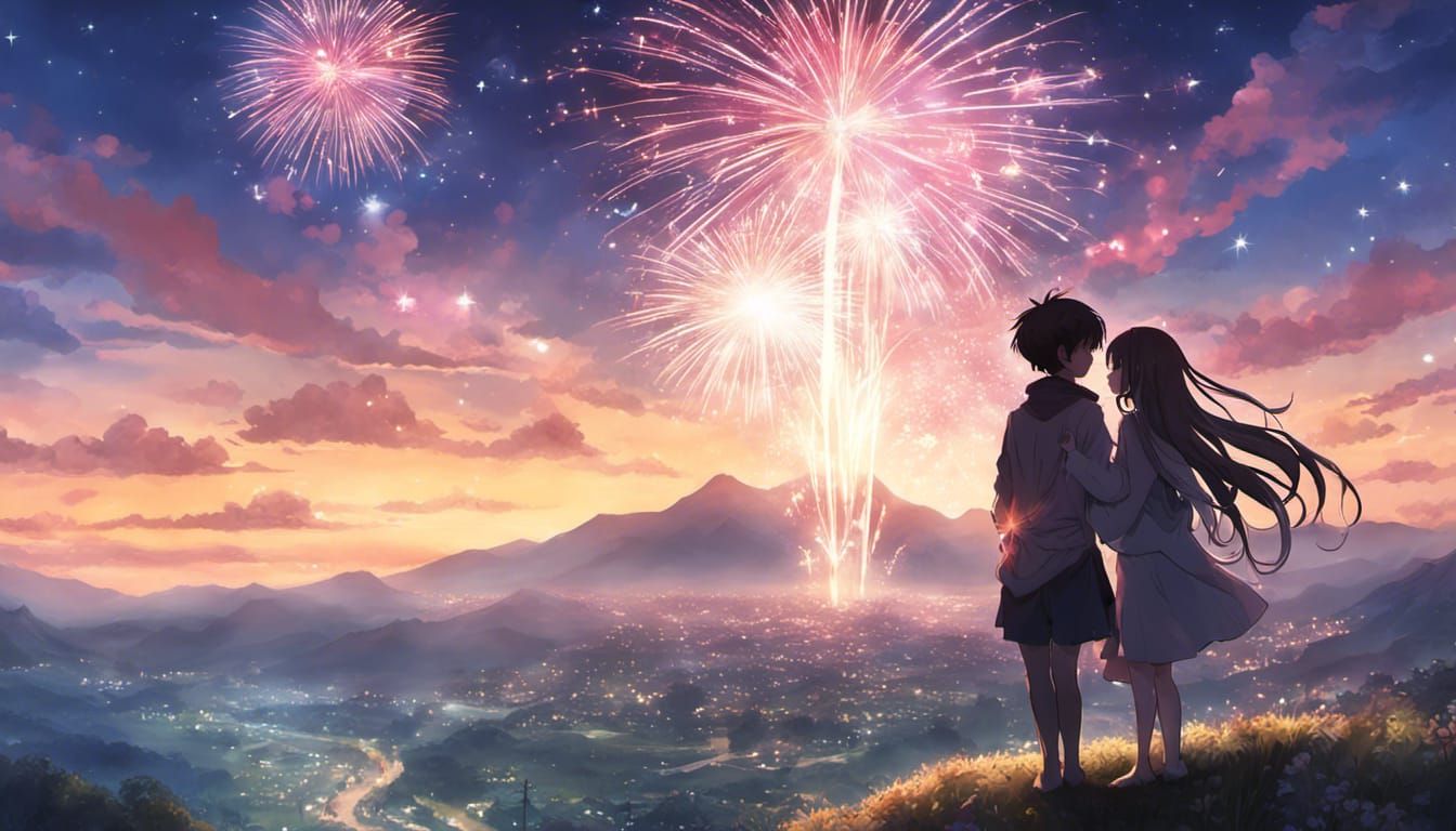 Anime Couple Kissing at Fireworks Festival