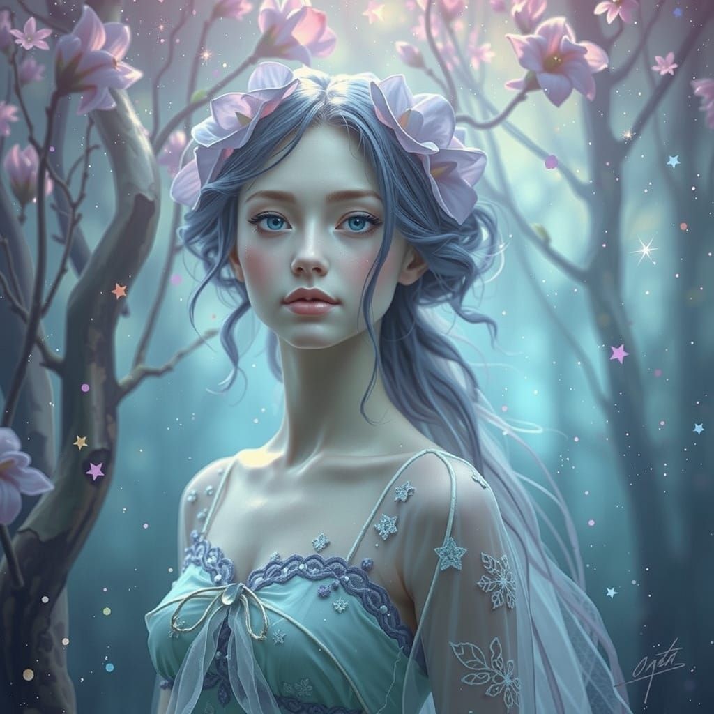 Glass Dryad in Mystical Forest: Hand-Painted Style