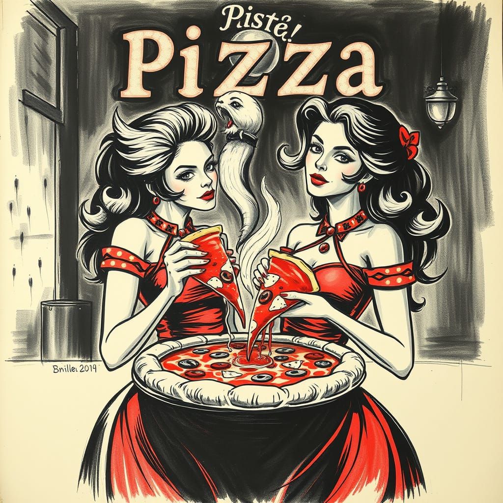 Retro Pizza Ad: Woman in Charcoal Drawing