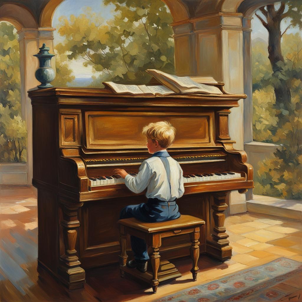 Boy at Antique Piano, Oil Painting