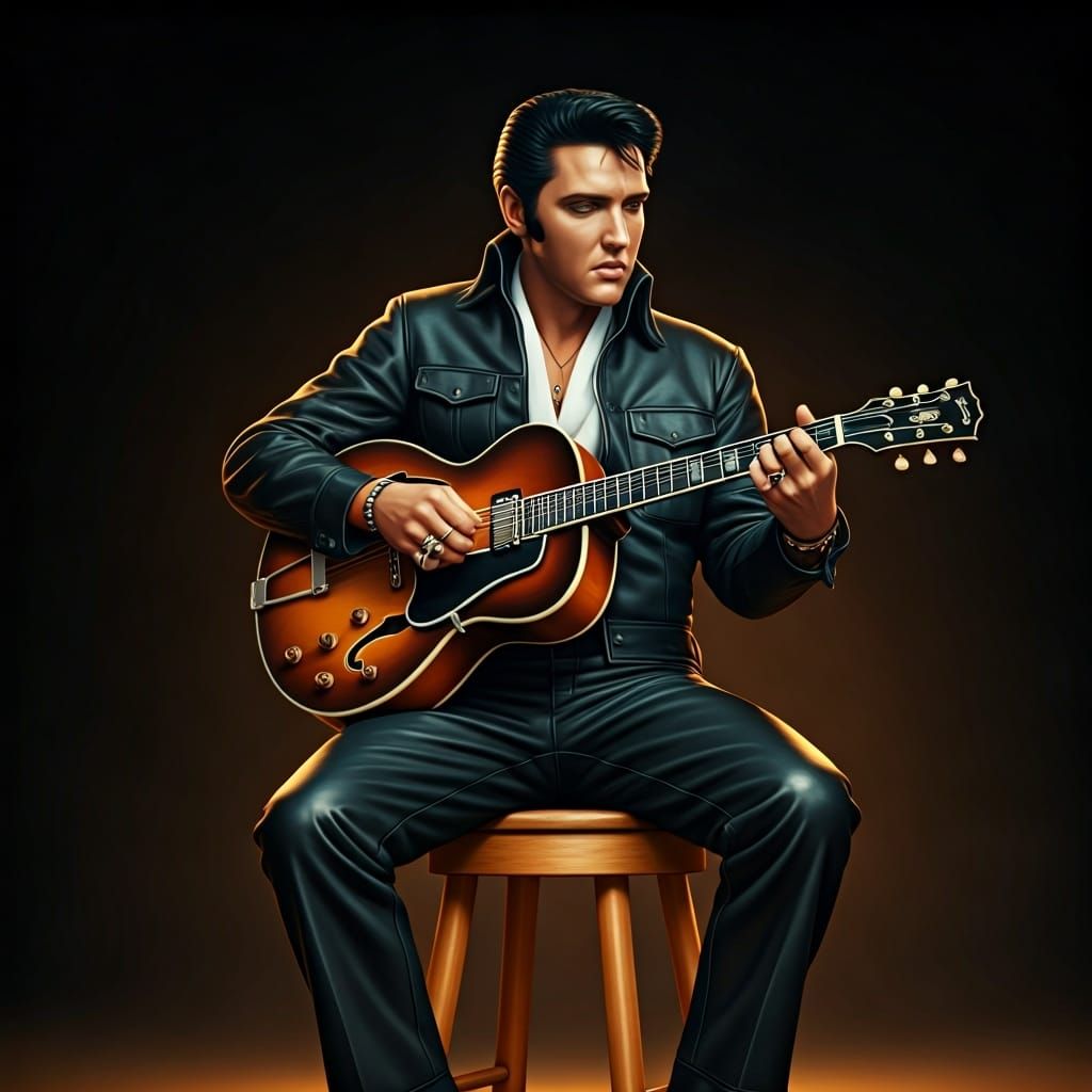 Realistic Portrait of Elvis Presley Playing Guitar