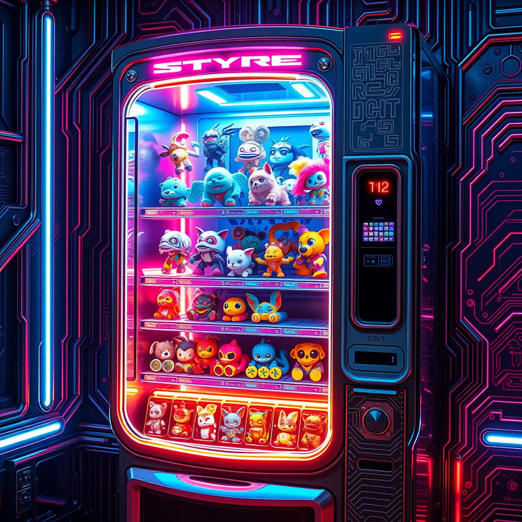 Futuristic Vending Machine Dispensing Toys in Cyberpunk Styl...