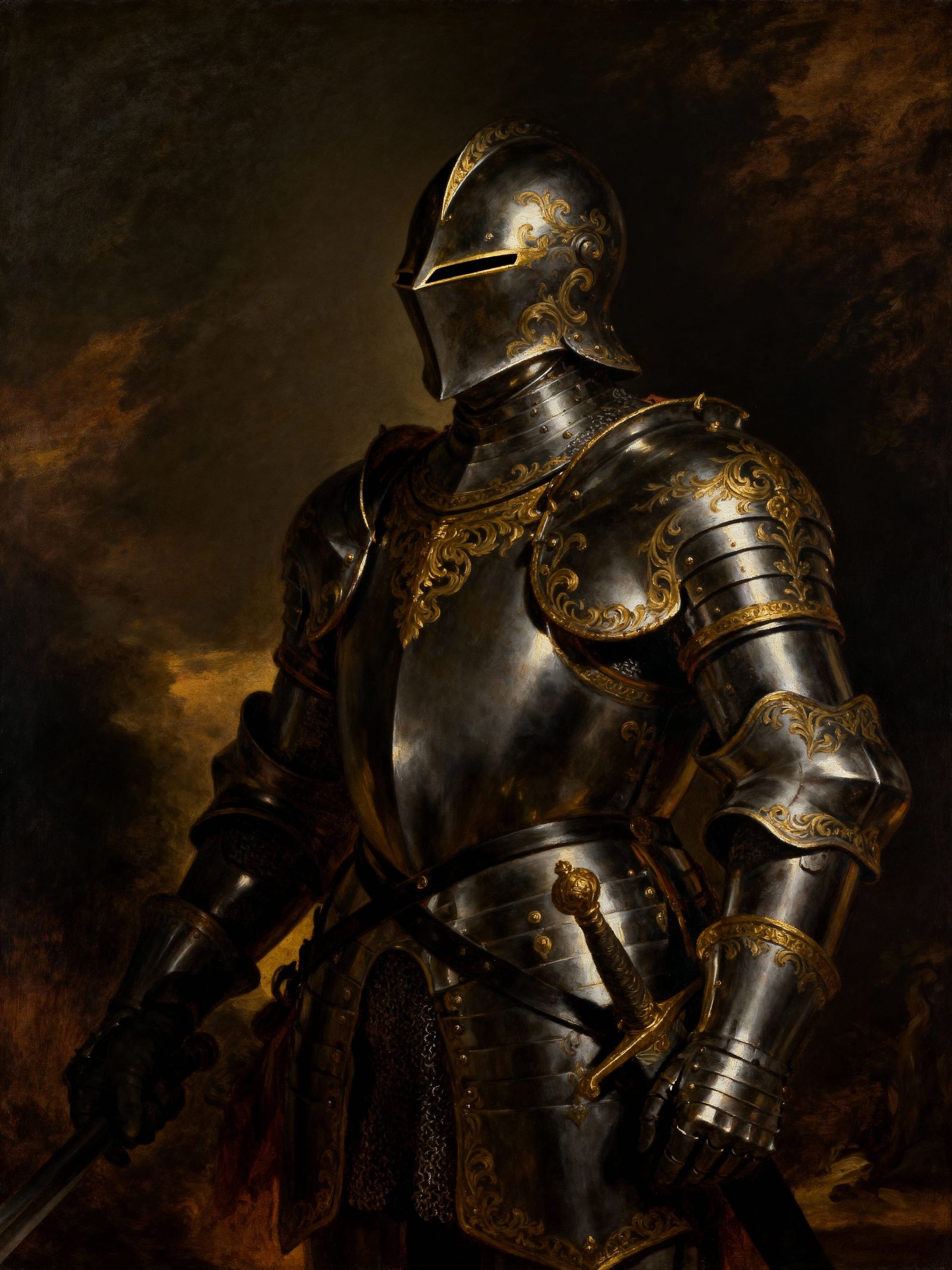 Baroque Paladin in Polished Armor with Gold Accents