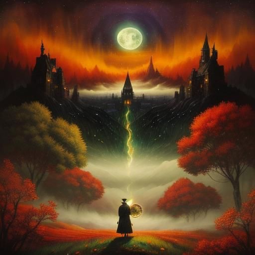 Mythological Dreamscape with Moon in Double Exposure