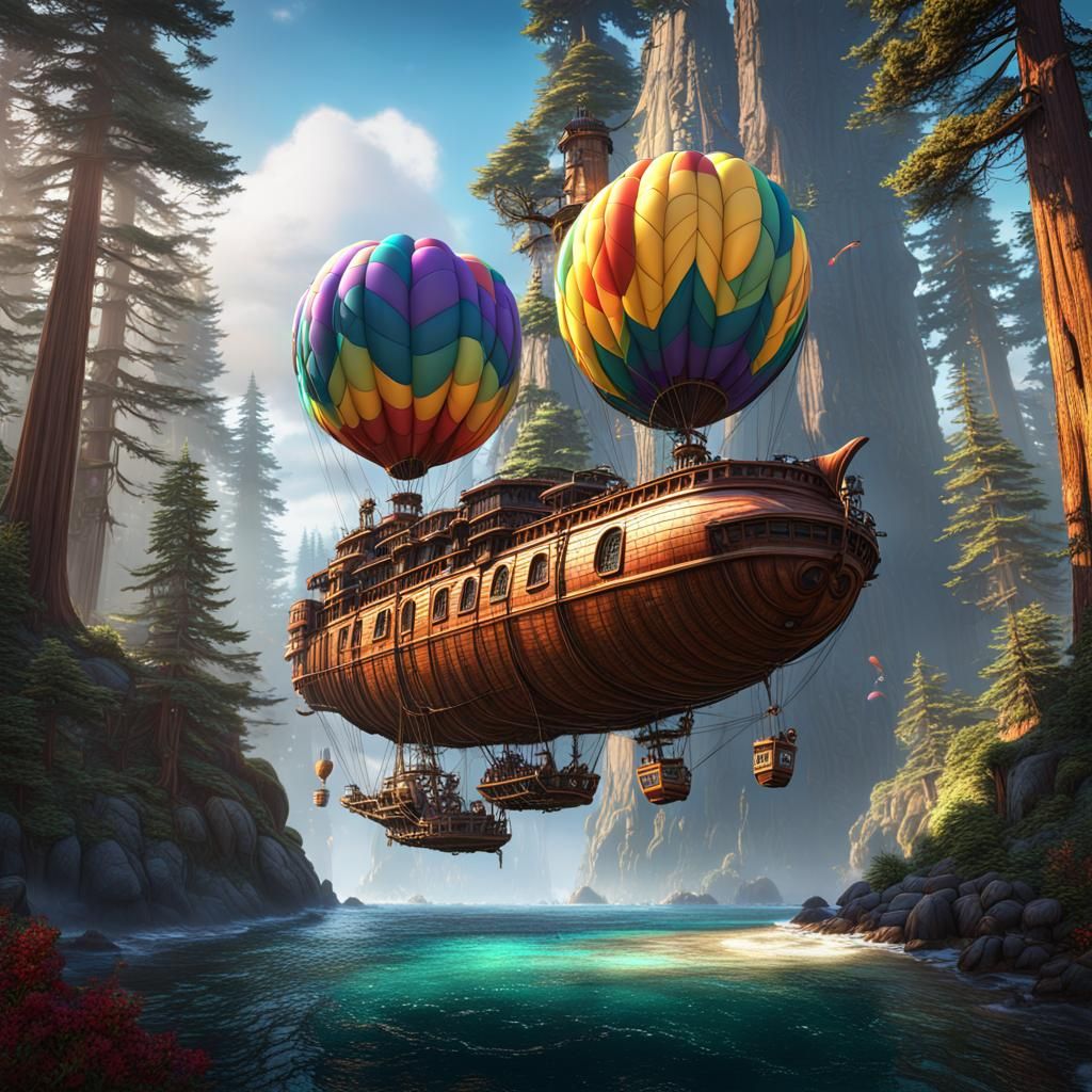 Fantastical Airship and Witches Over Redwood Landscape