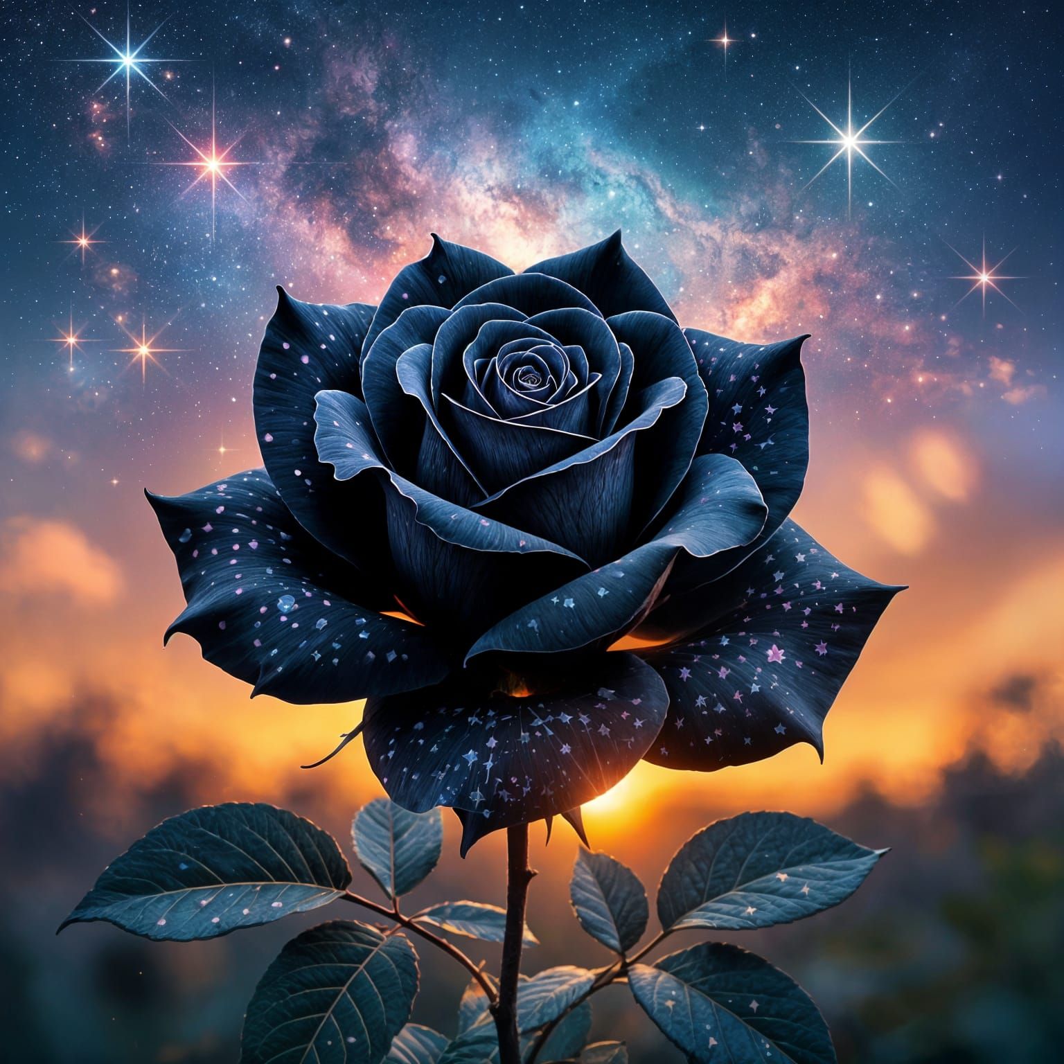 Black Roses at Dawn: Holographic Astral Illustration